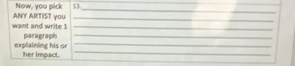 Now, you pick
ANY ARTIST you
want and write 1
paragraph
explaining his or
her impact.
__
complete