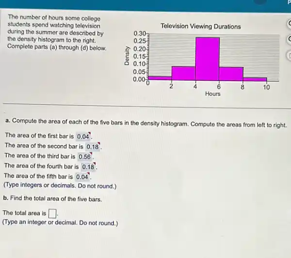 The number of hours some college
students spend watching television
during the summer are described by
the density histogram to the right.
Complete parts (a) through (d) below.
a. Compute the area of each of the five bars in the density histogram. Compute the areas from left to right.
The area of the first bar is 0 .04
The area of the second bar is 018
The area of the third bar is 0 .56 .
The area of the fourth bar is 018
The area of the fifth bar is 004
(Type integers or decimals Do not round.)
b. Find the total area of the five bars.
The total area is square 
(Type an integer or decimal. Do not round )