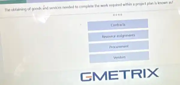 The obtaining of goods and services needed to complete the work required within a project plan is known as?
0000
Contracts
Resource assignments
Procurement
Vendors