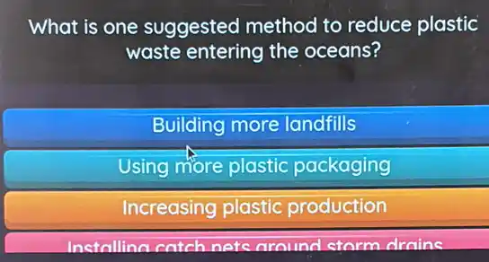 What is one suggested method to reduce plastic
waste entering the oceans?
Building more landfills
Using more plastic packaging
Increasing plastic production
Installina catch nets around starm drains