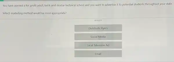 You have opened a for-profit adult, brick -and-mortar technical school and you want to advertise it to potential students throughout your state.
Which marketing method would word be most appropriate?
Distribute Flyers
Social Media
Local Television Ad
Email