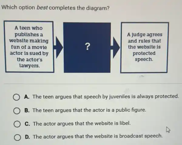 Which option best completes the diagram?
A. The teen argues that speech by juveniles is always protected
B. The teen argues that the actor is a public figure.
C. The actor argues that the website is libel.
D. The actor argues that the website is broadcast speech.