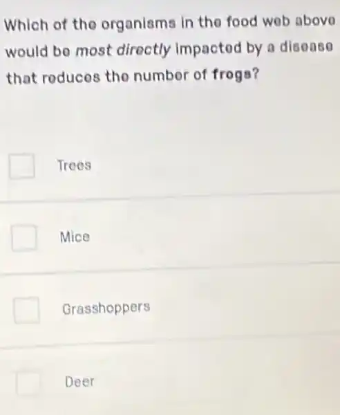 Which of the organisms in the food web abovo
would be most directly impacted by a diseaso
that reduces the number of frogs?
Trees
Mice
Grasshoppers
Deer