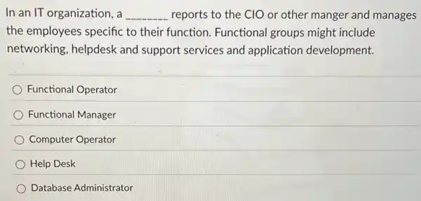 In an IT organization , a __ reports to the CIO or other manger and manages
the employees specific to their function Functional groups might include
networking, helpdesk and support services and application development.
Functional Operator
Functional Manager
Computer Operator
Help Desk
Database Administrator