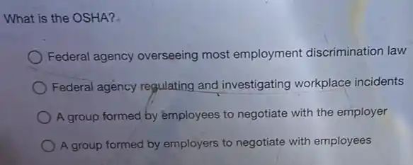 What is the OSHA?
Federal agency overseeing most employment discrimination law
Federal agency regulating and investigating workplace incidents
A group formed,by employees to negotiate with the employer
A group formed by employers to negotiate with employees