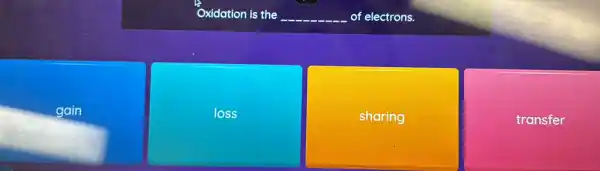 Oxidation is the __ of electrons.
gain
loss
sharing
transfer