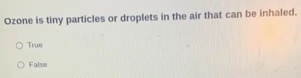 Ozone is tiny particles or droplets in the air that can be inhaled.
True
False