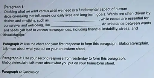 Paragraph 1:
Deciding what we want versus what we need is a fundamental aspect of human
decision-making that influencés our daily lives and long-term goals. Wants are often driven by
desires and emotions, such as __ while needs are essential for
our survival and well-being . like __
An imbalance between wants
and needs can lead to various consequences, including financial instability, stress, and
dissatisfaction.
Paragraph 2: Use the chart and your first response to form this paragraph Elaborate/explain,
talk more about what you put on your brainstorm sheet,
Paragraph 3: Use your second response from yesterday to form this paragraph.
Elaborafelexplain, talk more about what you put on your brainstorm sheet.
Paragraph 4: Conclusion