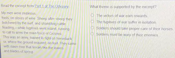 Part 1 of The Odyssey
My men were mutinous
fools, on stores of wine. Sheep after sheep they
butchered by the surf and shambling cattle.
feasting,-while fugitives went inland, running
to call to arms the main force of Cicones
This was an army trained to fight on horseback
or, where the ground required, on foot. They came
with dawn over that terrain like the leaves
and blades of spring
What theme is supported by the excerpt?
The victors of war earn rewards
The fugitives of war suffer in isolation
Soldiers should take proper care of their horses.
Soldiers must be wary of their enemies