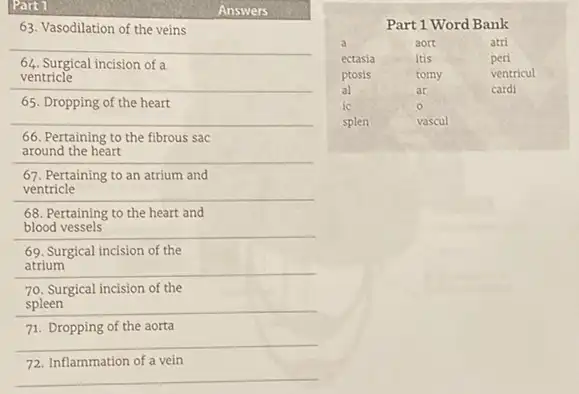 Part 1	Answers
63. Vasodilation of the veins
__
64. Surgical incision of a
__
65. Dropping of the heart
__
66. Pertaining to the fibrous sac
__
discovered
67. Pertaining to an atrium and
__
68. Pertaining to the heart and
__
69. Surgical incision of the
__
70. Surgical incision of the
Iglcal Inclusion of the money
__
__
71. Dropping of the aorta
__
72. Inflammation of a vein