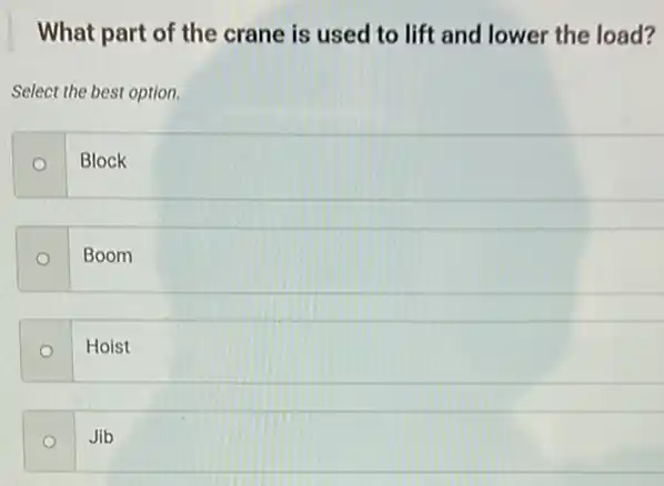 What part of the crane is used to lift and lower the load?
Select the best option.
Block
Boom O
Hoist
Jib O