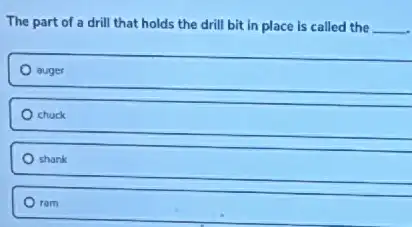 The part of a drill that holds the drill bit in place is called the __
auger
chuck
shank
rom