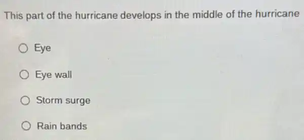 This part of the hurricane develops in the middle of the hurricane
Eye
Eye wall
Storm surge
Rain bands