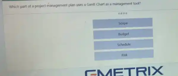 Which part of a project management plan uses a Gantt Chart as a management tool?
0000
Scope
Budget
Schedule
Risk