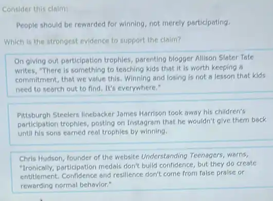 People should be rewarded for winning, not merely participating.
Which is the strongest evidence to support the claim?
On giving out participation trophies, parenting blogger Allison Slater Tate
writes, "There is something to teaching kids that it is worth keeping
commitment, that we value this. Winning and losing is not a lesson that kids
need to search out to find. It's everywhere."
Pittsburgh Steelers linebacker James Harrison took away his children's
participation trophies, posting on Instagram that he wouldn't give them back
until his sons earned real trophies by winning.
Chris Hudson, founder of the website Understanding Teenagers, warns,
"Ironically,participation medals don't build confidence, but they do create
entitlement, Confidence and resilience don't come from false praise or
rewarding normal behavior."