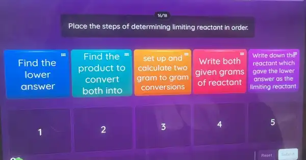 Place the steps of determining limiting reactant in order.
Find the
lower
answer
Find the
product to
convert
both into
set up and
calculate two
gram to gram
conversions
Write both
given grams
of reactant
Write down the
reactant which
gave the lower
answer as the
limiting reactant
1
2
3
5