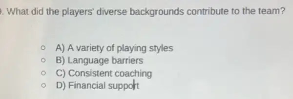 . What did the players' diverse backgrounds contribute to the team?
A) A variety of playing styles
B) Language barriers
C) Consistent coaching
D) Financial support