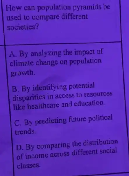 How can population pyramids be
used to compare different
societies?
A. By analyzing the impact of
climate change on population
growth.
B. By identifying potential
disparities in access to resources
like healthcare and education.
C. By predicting future political
trends.
D. By comparing the distribution
of income across different social