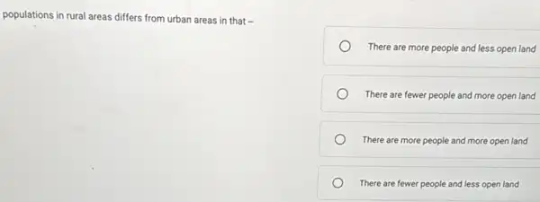 populations in rural areas differs from urban areas in that -
There are more people and less open land
There are fewer people and more open land
There are more people and more open land
There are fewer people and less open land