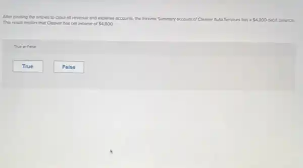 After posting the entries to close all revenue and expense accounts, the Income Summary account of Cleaves Auto Services has a 4,800 debit balance.
This result implies that Cleaver has net income of 4,800
The or False
True
False