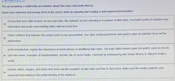 You are preparing a multimedia presentation about fake news and media literacy.
Read cach statement and arrange them in the correct order for planning and creating a well organized presentation
Ensure that each slide focuses on one main idea, like methods for fact-checking or examples of fake news. Use bullet points to organize your
information and avoid overcrowding slides with too much text.
Select a theme that matches the serious tone of your presentation. Use clear professional fonts and neutral colors to maintain focus on the
information.
In the introduction, explain the importance of media literacy in identifying fake news. The body slides should cover key points.such as how to
- spot fake news examples of misinformation, and the role of social media. Conclude by summarizing why media literacy is critical in today's
world
Include videos, images, and charts that show real-life examples of fake news and how to fact check. Make sure the media supports your
argument and enhances the understanding of the audience