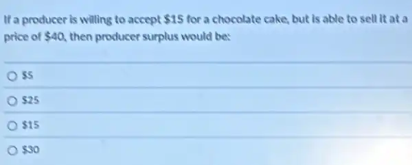 If a producer is willing to accept 15 for a chocolate cake.but is able to sell it at a
price of 40 then producer surplus would be:
 5
 25
 15
 30