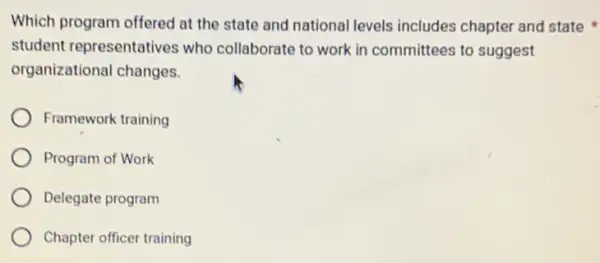 Which program offered at the state and national levels includes chapter and state
student representatives who collaborate to work in committees to suggest
organizational changes.
Framework training
Program of Work
Delegate program
Chapter officer training