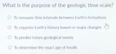 What is the purpose of the geologic time scale?
To measure thme intervals between Earth's formations
To organize Farth's history based on major changes
To predict future geological events
To determine the exact age of fossils