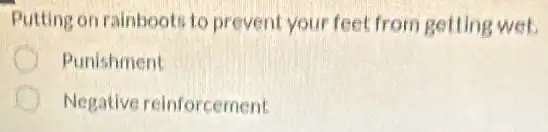 Putting on rainboots to prevent your feet from getting wet.
C Punishment
Negative reinforcement.