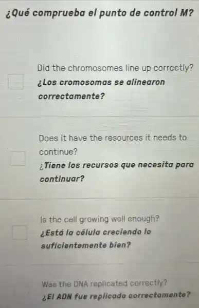 ¿Qué comprueba el punto de control M?
Did the chromosomes line up correctly?
clos cromosomas se alinearon
correctamente?
Does it have the resources it needs to
continue?
i.Tiene los recursos que necesita para
continuar?
Is the cell growing well enough?
¿Está la célula creciendo lo
suficientemente bien?
Was the DNA replicated correctly?
LEI ADN fue replicado correctamente?