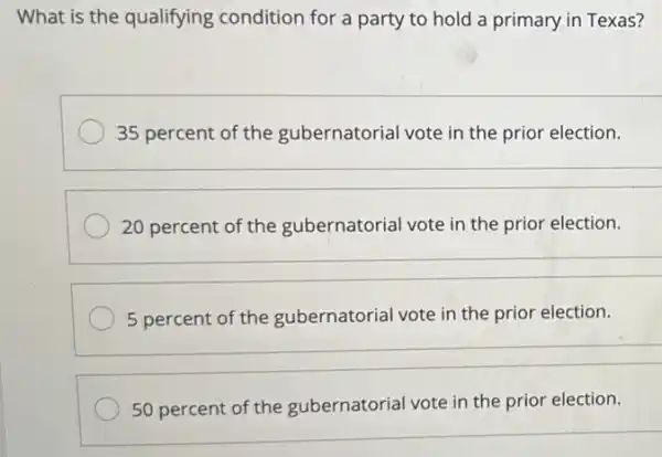 What is the qualifying condition for a party to hold a primary in Texas?
35 percent of the gubernatorial vote in the prior election.
20 percent of the gubernatorial vote in the prior election
5 percent of the gubernatorial vote in the prior election.
50 percent of the gubernatorial vote in the prior election.