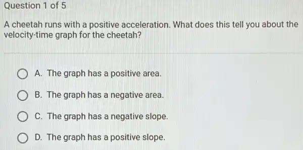 Question 1 of 5
A cheetah runs with a positive acceleration . What does this tell you about the
velocity-time graph for the cheetah?
A. The graph has a positive area.
B. The graph has a negative area.
C. The graph has a negative slope.
D. The graph has a positive slope.