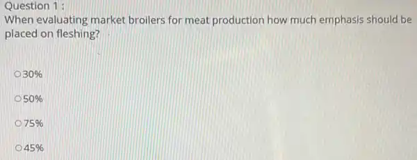 Question 1:
When evaluating market broilers for meat production how much emphasis should be
placed on fleshing?
30% 
50% 
75% 
45%