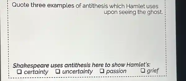 Quote three examples of antithesis which Hamlet uses
upon seeing the ghost.
Shakespeare uses antithesis here to show Hamlet's:
ses and the here passion
grief