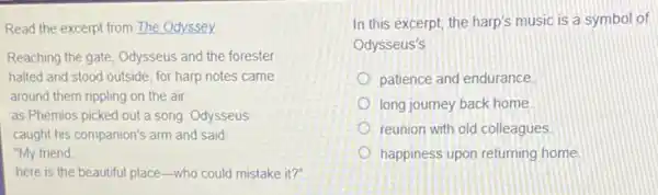 Read the excerpt from The Odyssey
Reaching the gate, Odysseus and the forester
halted and stood outside for harp notes came
around them rippling on the air
as Phemios picked out a song. Odysseus
caught his companion's arm and said
"My friend
here is the beautiful place-who could mistake it?"
In this excerpt, the harp's music is a symbol of
Odysseus's
patience and endurance.
long journey back home.
reunion with old colleagues
happiness upon returning home