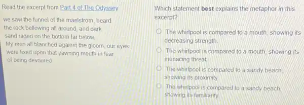 Read the excerpt from Part 4 of The Odyssey
we saw the funnel of the maelstrom, heard
the rock bellowing all around, and dark
sand raged on the bottom far below.
My men all blanched against the gloom, our eyes
were fixed upon that yawning mouth in fear
of being devoured
Which statement best explains the metaphor in this
excerpt?
The whirlpool is compared to a mouth, showing its
decreasing strength
The whirpool is compared to a mouth, showing its
menacing threat
The whirpool is compared to a sandy beach
showing its proximity
The whirlpool is compared to a sandy beach
showing its familianty