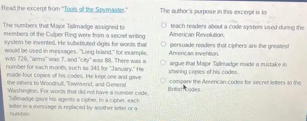 Read the excerpt from "Tools of the Spymaster."
The numbers that Major Tallmadge assigned to
members of the Culper Ring were from a secret writing
system he invented. He substituted digits for words that
would be used in messages. "Long Island,"for example,
was 728, "arms'was 7, and "city"was 88. There was a
number for each month , such as 341 for "January." He
made four copies of his codes. He kept one and gave
the others to Woodhull Townsend, and General
Washington. For words that did not have a number code.
Tallmadge gave his agents a cipher. In a cipher, each
letter in a message is replaced by another letter or a
number.
The author's purpose in this excerpt is to
teach readers about a code system used during the
American Revolution.
persuade readers that ciphers are the greatest
American invention.
argue that Major Tallmadge made a mistake in
sharing copies of his codes.
compare the American codes for secret letters to the
British odes