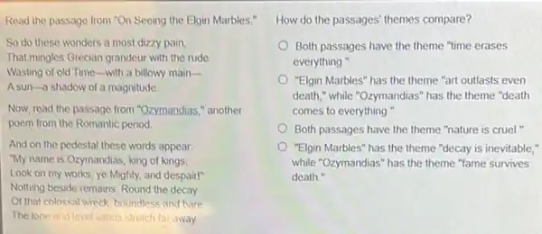 Read the passage from "On Seeing the Elgin Marbles."
So do these wonders a most dizzy pain,
That mingles Grecian grandeur with the rude
Wasting of old Time-with a billowy main __
A sun-a shadow of a magnitude
Now, read the passage from "Ozymandias," another
poem from the Romantic period
And on the pedestal these words appear:
"My name is Ozymandias king of kings:
Look on my works ye Mighty, and despairl"
Nothing beside remains. Round the decay
Of that colossal wreck, boundless and bare
The lone and level sands stretch far away.
How do the passages themes compare?
Both passages have the theme "time erases
everything."
"Elgin Marbles" has the theme "art outlasts even
death," while "Ozymandias" has the theme "death
comes to everything."
Both passages have the theme "nature is cruel."
"Elgin Marbles" has the theme "decay is inevitable
while "Ozymandias" has the theme "fame survives
death."