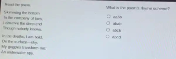 Read the poem.
Skimming the bottom
In the company of toes.
I observe the deep end
Though nobody knows.
In the depths, I am bold.
On the surface-shy.
My googles transform me:
An underwater spy.
What is the poem's rhyme scheme?
aabb
abab
abcb
abcd