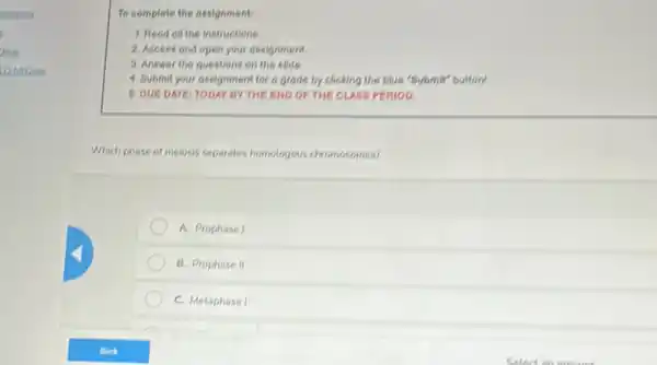 rements
i
Drins
common
To complete the ossignment
1. Read oll the instructions
2. Access and open your assignment
3. Anewer the questions on the slide.
4. Submit your ossignmen I for a grade by clicking the blue "Submit button
5. DUE DATE: TODAY BY THE END OF THE CLASS PERIOD.
Which phase of melosis separates homologous chromosomes?
A. Prophase I
B. Prophase II
C. Metaphase I
