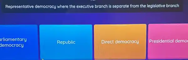 Representative democracy where the executive branch is separate from the legislative branch
democracy
arliamentary
Republic
Direct democracy
Presidential demo