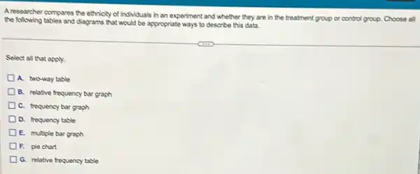 A researcher compares the ethnicity of individuals in an experiment and whether they are in the treatment group or control group. Choose all
the following tables and diagrams that would be appropriate ways to describe this data.
Select all that apply.
A. two-way table
B. relative frequency bar graph
C. frequency bar graph
D. frequency table
E. multiple bar graph
F. pie chart
G. relative frequency table