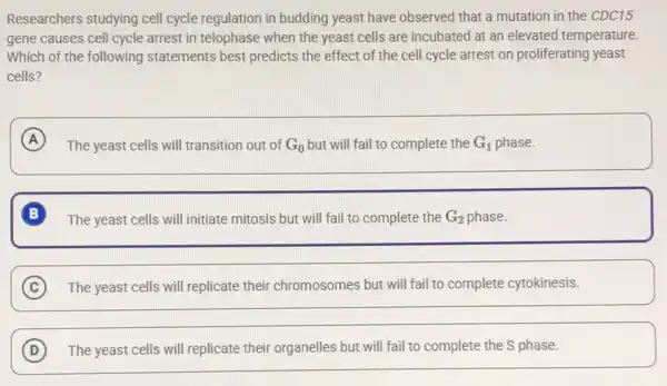 Researchers studying cell cycle regulation in budding yeast have observed that a mutation in the CDC15
gene causes cell cycle arrest in telophase when the yeast cells are incubated at an elevated temperature.
Which of the following statements best predicts the effect of the cell cycle arrest on proliferating yeast
cells?
A
The yeast cells will transition out of G_(0) but will fail to complete the G_(1) phase.
B
The yeast cells will initiate mitosis but will fail to complete the G_(2) phase.
C The yeast cells will replicate their chromosomes but will fail to complete cytokinesis.
D The yeast cells will replicate their organelles but will fail to complete the S phase.