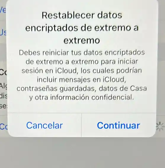 Restablecer datos
encriptados de extremo a
extremo
Debes reiniciar tus datos encriptados
de extremo a extremo para iniciar
sesión en iCloud los cuales podrían
incluir mensajes en iCloud,
contraseñas guardadas, datos de Casa
y otra información confidencial.
Cancelar
Continuar