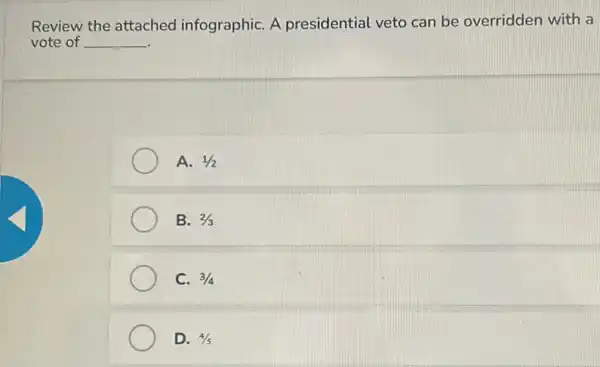 Review the attached infographiC. A presidential veto can be overridden with a
vote of __
A. 1/2
B. 2/3
C. 3/4
D. 4/5