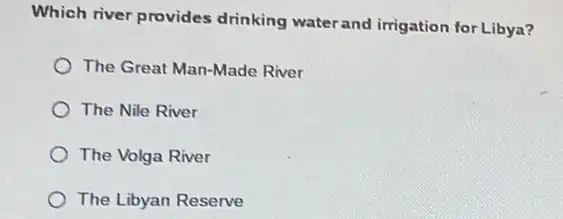 Which river provides drinking waterand irrigation for Libya?
The Great Man-Made River
The Nile River
The Volga River
The Libyan Reserve