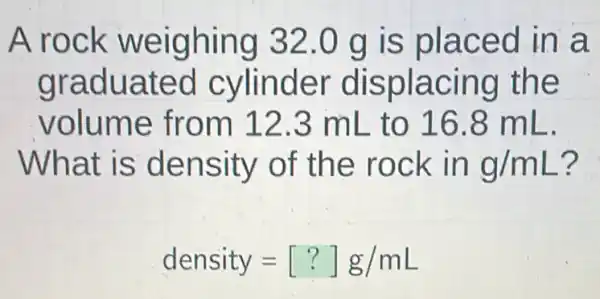 A rock weighing 32.0 g is placed in a
graduated cylinder displacing the
volume from 12.3 mL to 16.8 mL
What is density of the rock in g/mL
density=[?]g/mL