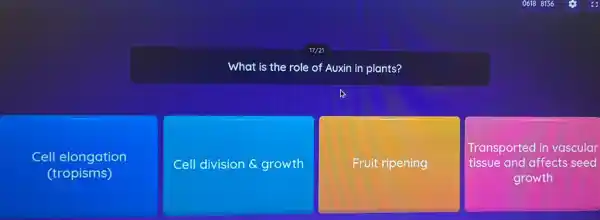 What is the role of Auxin in plants?
Cell elongation
(tropisms)
Cell division growth
Fruit ripening
Transported in vascular
tissue and affects seed
growth