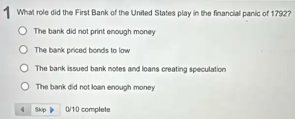 What role did the First Bank of the United States play in the financial panic of 1792?
The bank did not print enough money
The bank priced bonds to low
The bank issued bank notes and loans creating speculation
The bank did not loan enough money