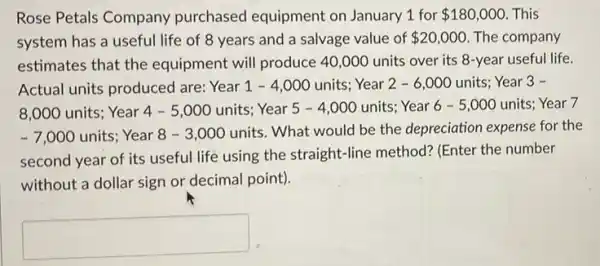 Rose Petals Company purchased equipment on January 1 for 180,000 This
system has a useful life of 8 years and a salvage value of 20,000 The company
estimates that the equipment will produce 40,000 units over its 8-year useful life.
Actual units produced are Year 1-4 ,000 units; Year 2-6,000 units; Year 3 -
8,000 units; Year 4-5,000 units; Year 5-4,000units Year 6 - 5,000 units; Year 7
-7,000units
Year 8 - 3 ,000 units. What would be the depreciation expense for the
second year of its useful life using the straight-line method?(Enter the number
without a dollar sign or decimal point).
square